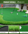 Golfer using Thickened Realistic Golf Putting Green 5 X 10 Ft Practice Mat for Indoor Outdoor with Three Holes and Training Cup.