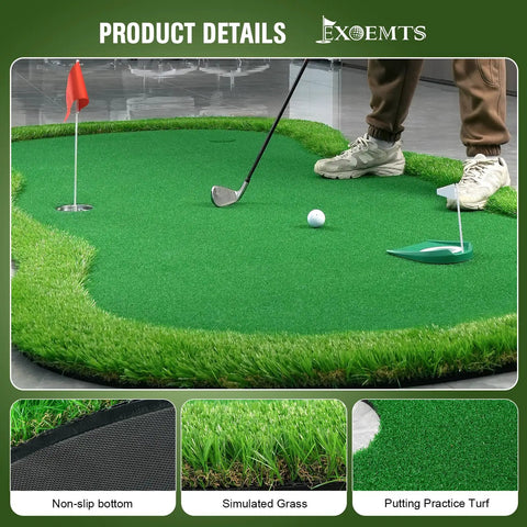 Golfer using Thickened Realistic Golf Putting Green 5 X 10 Ft Practice Mat for Indoor Outdoor with Three Holes and Training Cup.