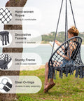 Chill Out Hammock Chair With Macrame Swing, handwoven cotton rope, woman sitting by lake, outdoor use.