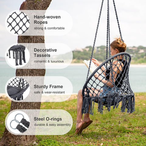 Chill Out Hammock Chair With Macrame Swing, handwoven cotton rope, woman sitting by lake, outdoor use.