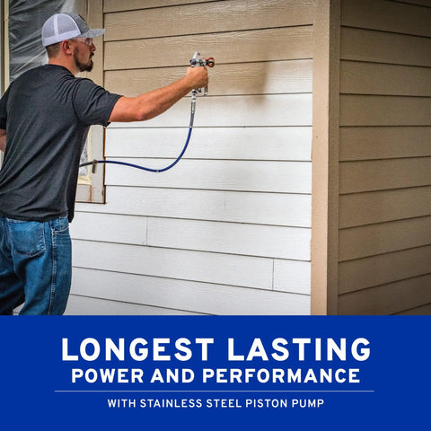 Zero Sweat Heavy Duty Airless Paint Sprayer With Adjustable Pressure Control Spray Unthinned Stains used on exterior wood siding.