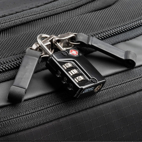 Close-up of zipper with lock on Walker Pro Rolling Camera Backpack For Photography Gear And Video Equipment With Smooth Rolling Wheels