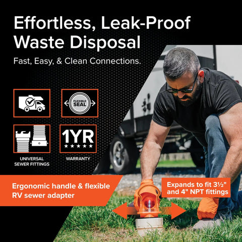 Man using Rhino RV Sewer Adapter PRO Clear Sewer Hose Elbow to connect an RV sewer outlet with ergonomic handle and flexible adapter
