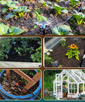 Collage of 110 Ft Quick-Connect Drip Irrigation Kit in garden and greenhouse settings with emitters and tubing visible.