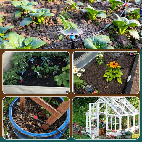 Collage of 110 Ft Quick-Connect Drip Irrigation Kit in garden and greenhouse settings with emitters and tubing visible.