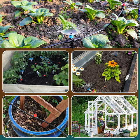 55Ft Quick Connect Drip Irrigation Kit For Lawn, Garden, And Greenhouse in use with plants and flowers, includes connectors, no tools needed