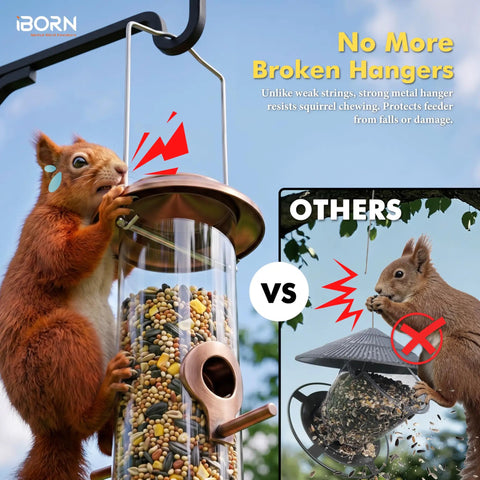 All Metal Brushed Copper Bird Feeder With Six Feeding Ports For Outdoor Hanging 15 Inch Backyard Wild Bird Feeder being used by squirrel