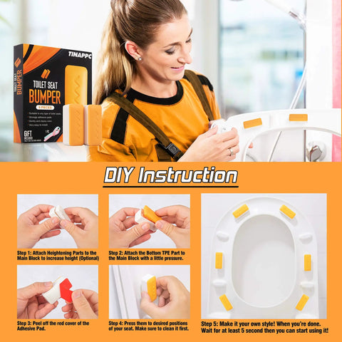 Instructional image with a woman installing a Six Piece Toilet Seat Bumper Set With Height Adjusters And Lifter Handle, Light Orange.