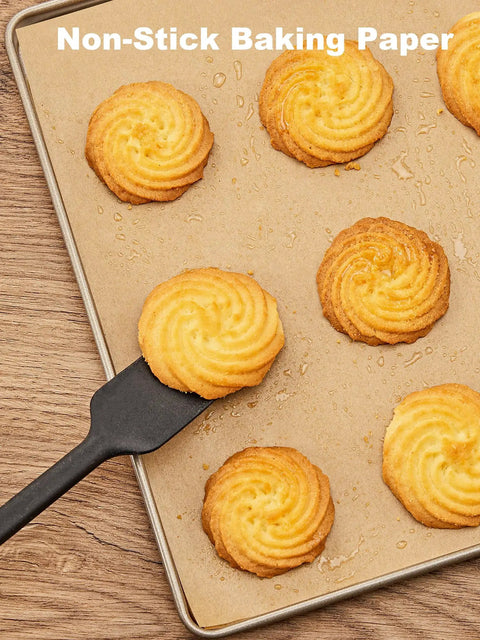 Precut Parchment Paper Sheets 200 Pack Unbleached Nonstick Baking Sheets 16x24 Inches For No Fuss Baking Grilling Air Frying Steaming Cookies Cakes Bread And More unbleached 16x24 inch parchment paper with freshly baked cookies on a tray.