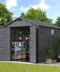 Outdoor Resin Storage Shed 8x10 Feet With Floor Durable Sturdy Plastic Garden Tool Shed For Bike And Gear Lockable Door Big Backyard Patio Storage Dark Gray.