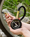 JACO ElitePro tire pressure gauge with brass nozzle, black dial, 0–100 psi, used on bicycle valve