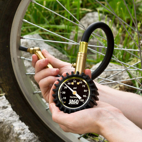 JACO ElitePro tire pressure gauge with brass nozzle, black dial, 0–100 psi, used on bicycle valve