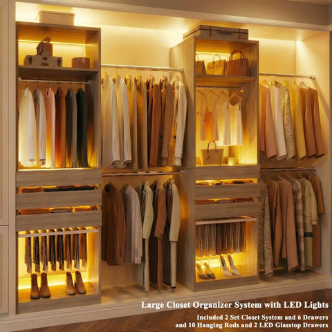 Real Game Changing Modular Closet System Set Of Two Expands From Six To Ten Feet Wide With Six Wooden Drawers Ten Sturdy Rods Built In LED Glass Shelves And Two Pants Bars For Bedroom Storage That Is Built Different And Just Works - illuminated closet with hanging clothes and wooden drawers.