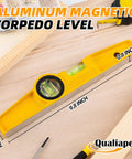 Shop Tested Ten Inch Aluminum Die Cast Magnetic Torpedo Level with detailed measurements and impact-proof vials on wood surface.