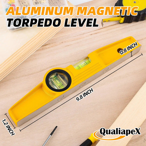Shop Tested Ten Inch Aluminum Die Cast Magnetic Torpedo Level with detailed measurements and impact-proof vials on wood surface.