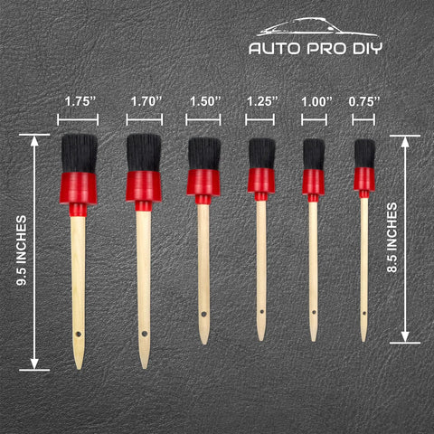 Six boar hair brushes from 11 Piece Car Detailing Kit For Wheels Exterior And Interior Cleaning With varying sizes shown.