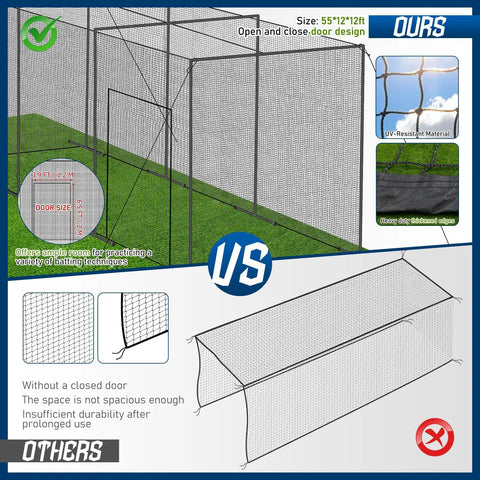 Heavy-Duty Backyard Baseball And Softball Batting Cage Net For All-Weather Outdoor Training 55 Feet Long By 12 Feet Wide By 12 Feet High 1.75-Inch Mesh with open and close door design showing UV-resistant material.