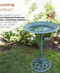 Pedestal Birdbath With Scrollwork In Aged Green For Outdoor Gardens And Patios 28 Inch Tall Shallow Bowl