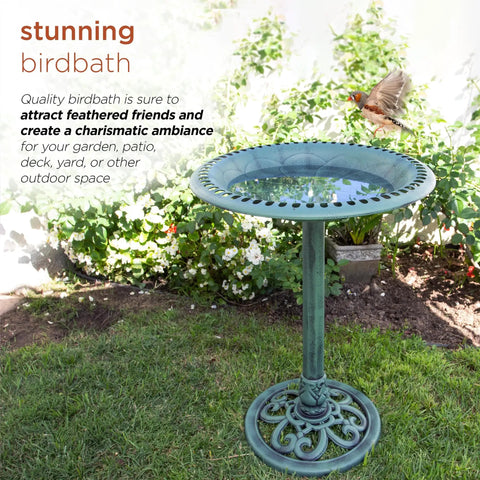 Pedestal Birdbath With Scrollwork In Aged Green For Outdoor Gardens And Patios 28 Inch Tall Shallow Bowl