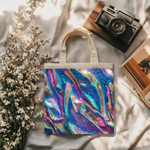 Holographic Sparkle Sublimation Transfer Paper Bundle For Cricut Mug Press Pre Inked 12x12 Inch Sheets on a tote bag with a camera and flowers
