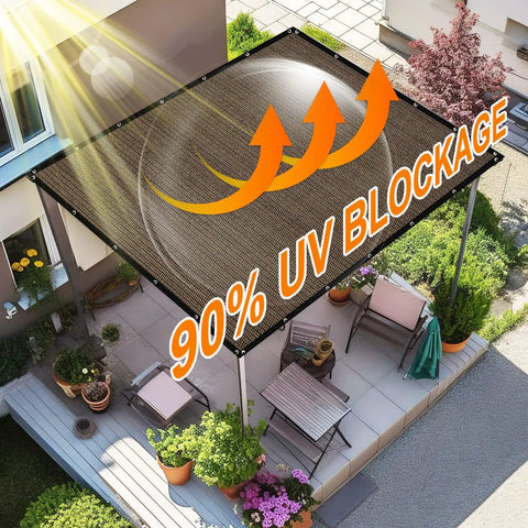 Overhead view of 90 Percent Sun Shade Cloth For Patio And Backyard 10x10 Ft Pergola Shade Cover With Grommets installed on a patio.