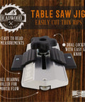 Front view of Pro Grade Thin Rip Table Saw Jig Guide with easy grip knob and roller for smooth thin rip cuts on wood projects.
