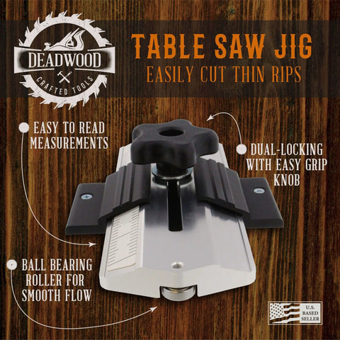 Front view of Pro Grade Thin Rip Table Saw Jig Guide with easy grip knob and roller for smooth thin rip cuts on wood projects.