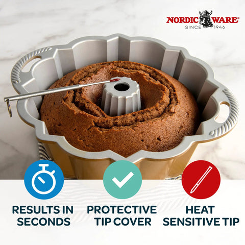 Reusable Bundt Cake Thermometer That Turns Red When Doneness Is Reached, in a Bundt cake, with protective silicone tip cover.