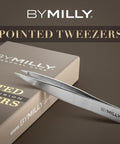 Pointed Tweezers Pro Grade High Carbon Stainless Steel Needle Nose Fine Point For Precision Hair Removal shown with packaging by Milly