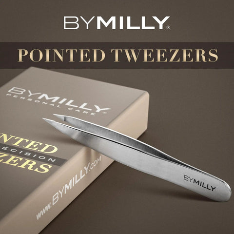 Pointed Tweezers Pro Grade High Carbon Stainless Steel Needle Nose Fine Point For Precision Hair Removal shown with packaging by Milly