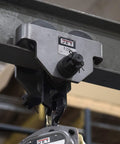 Close-up of One Ton Manual Trolley With Built In Bumper Guards For Safer Lifts installed on an I-beam