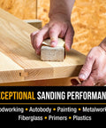 Person sanding wood with 600 Grit Gold Longboard Sandpaper Roll With Hook And Loop Backing Two And Three Quarters Inches Wide Twelve Yards Long