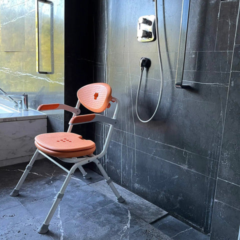 One Click Folding Shower Chair With Height Adjustable Legs, Arms And Back, Detachable EVA Cushioned Seat in shower stall