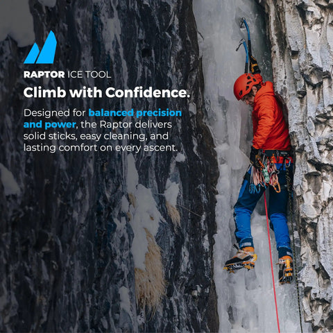 Climber using Raptor Ice Tool For Technical Ice Climbing And Mountaineering With Dope Modular Picks on icy terrain.