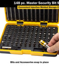 148 Piece Master Security Bit Set With Magnetic Bit Holder Quick Release Bit Holder And One Fourth Inch Drive Socket Adapter Plus Durable Clear Label Storage Case For DIY Projects Auto Repairs And Home Improvement in open yellow case with hand holding bit