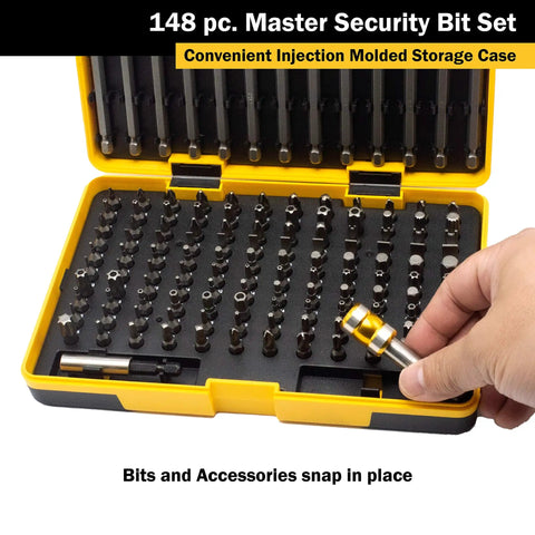 148 Piece Master Security Bit Set With Magnetic Bit Holder Quick Release Bit Holder And One Fourth Inch Drive Socket Adapter Plus Durable Clear Label Storage Case For DIY Projects Auto Repairs And Home Improvement in open yellow case with hand holding bit