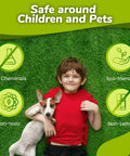 Child with dog on lawn, Mole And Vole Repellent With 100 Percent Castor Oil Formula For A Healthy Lawn And Yard, safe for pets