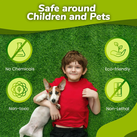 Child with dog on lawn, Mole And Vole Repellent With 100 Percent Castor Oil Formula For A Healthy Lawn And Yard, safe for pets