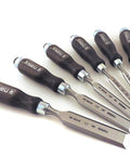 Heavy Duty 6 Piece Woodworking Chisel Set Featuring Tough Chrome Manganese Steel Blades and Razor Sharp 25 Degree Bevels.