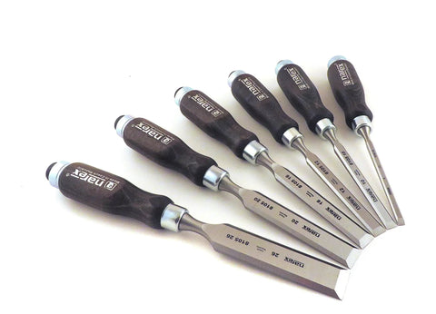 Heavy Duty 6 Piece Woodworking Chisel Set Featuring Tough Chrome Manganese Steel Blades and Razor Sharp 25 Degree Bevels.