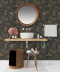 Bathroom with Light Gold Vintage Floral Butterfly Peel and Stick Wallpaper on Dark Background Retro Vinyl Self Adhesive Roll.