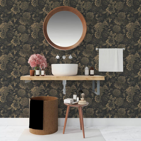 Bathroom with Light Gold Vintage Floral Butterfly Peel and Stick Wallpaper on Dark Background Retro Vinyl Self Adhesive Roll.