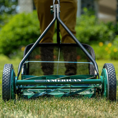 16 Inch 7 Blade Reel Lawn Mower With Grass Catcher For Bermuda Zoysia And Tiff Short Grass Types Eco Friendly Push Mower For Precise Neat Yard Care And Clean Cuts, front view