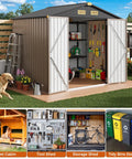 Weatherproof 8x6 Feet Outdoor Storage Shed with lockable doors, thick galvanized steel, and vent, showing organized tools inside.