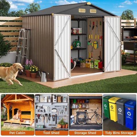 Weatherproof 8x6 Feet Outdoor Storage Shed with lockable doors, thick galvanized steel, and vent, showing organized tools inside.