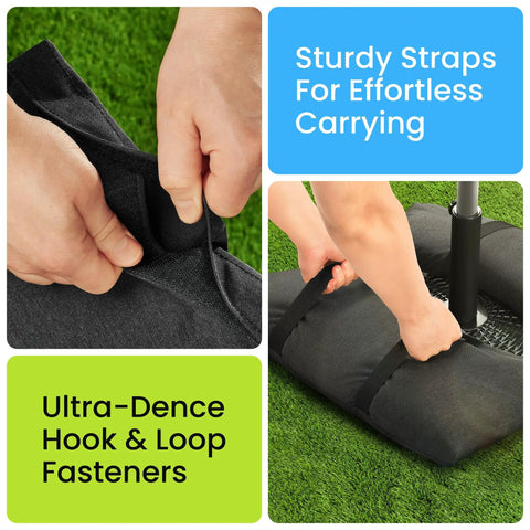 4 Pack Fillable Sand Bags For Umbrella Bases And Patio Stands, weatherproof, with straps and hook loop fasteners on grass.