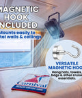 Slick Portable Cruise Fan With Tight Grip Magnetic Mount For Cabin Walls Or Ceiling, 4000 Mah Battery, Usb Rechargeable, Five Adjustable Speeds, Smart Timer And Clean White Noise hanging from a magnetic hook in cabin.