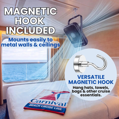 Slick Portable Cruise Fan With Tight Grip Magnetic Mount For Cabin Walls Or Ceiling, 4000 Mah Battery, Usb Rechargeable, Five Adjustable Speeds, Smart Timer And Clean White Noise hanging from a magnetic hook in cabin.