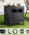 Heavy Duty 150 Ft 5/8 Inch Garden Hose Reel Box With Manual Crank Large Capacity Hose Storage Deck Box Hose Guide Includes 6 Ft Lead In Hose Leak Proof Aluminum Water Connection No Hassle Assembly Black with assembled dimension details shown.