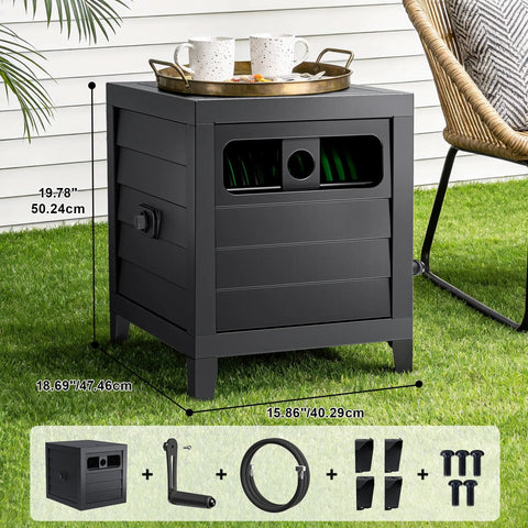 Heavy Duty 150 Ft 5/8 Inch Garden Hose Reel Box With Manual Crank Large Capacity Hose Storage Deck Box Hose Guide Includes 6 Ft Lead In Hose Leak Proof Aluminum Water Connection No Hassle Assembly Black with assembled dimension details shown.